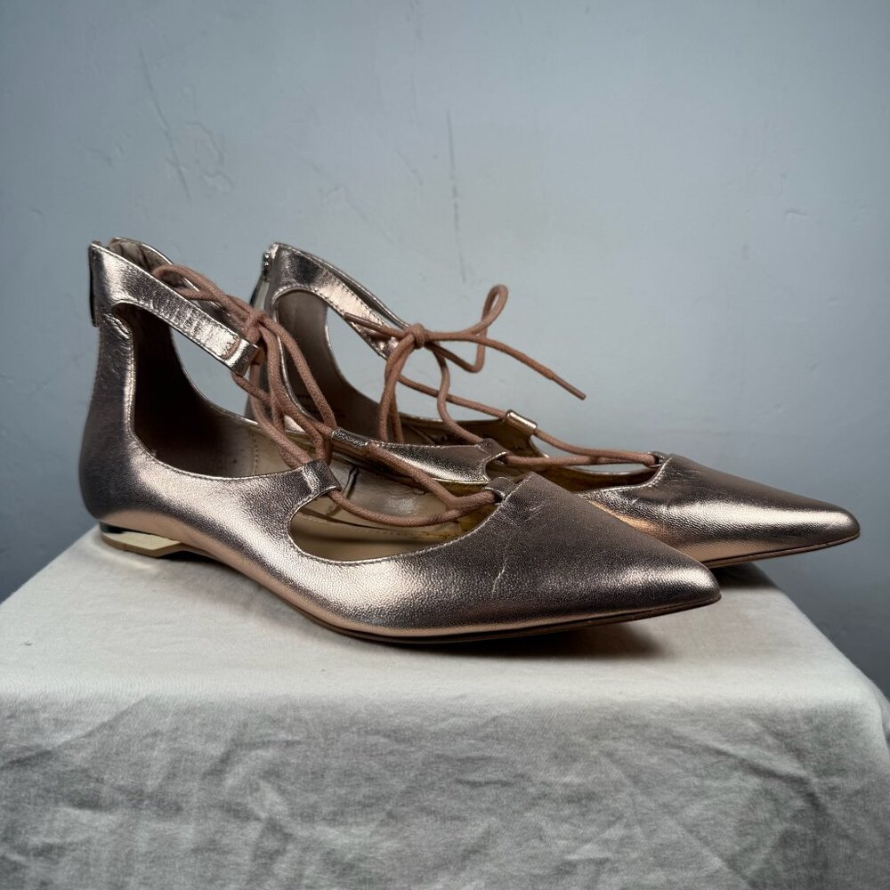 Saks Fifth Avenue Rose Gold Metallic Lace-Up Pointed Toe Ballet Flats Size 6